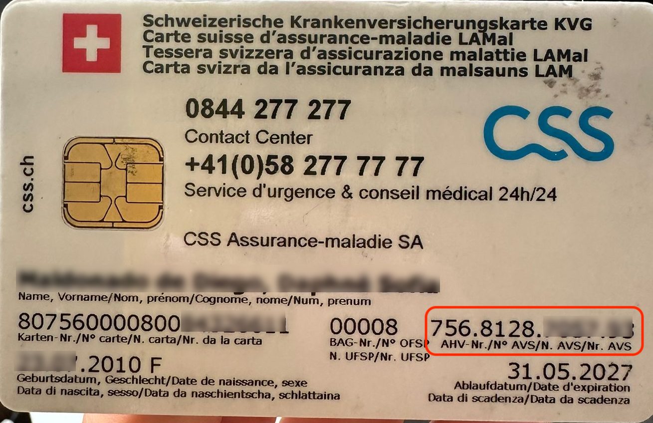Exemple du numéro AVS sur la carte d’assurance maladie